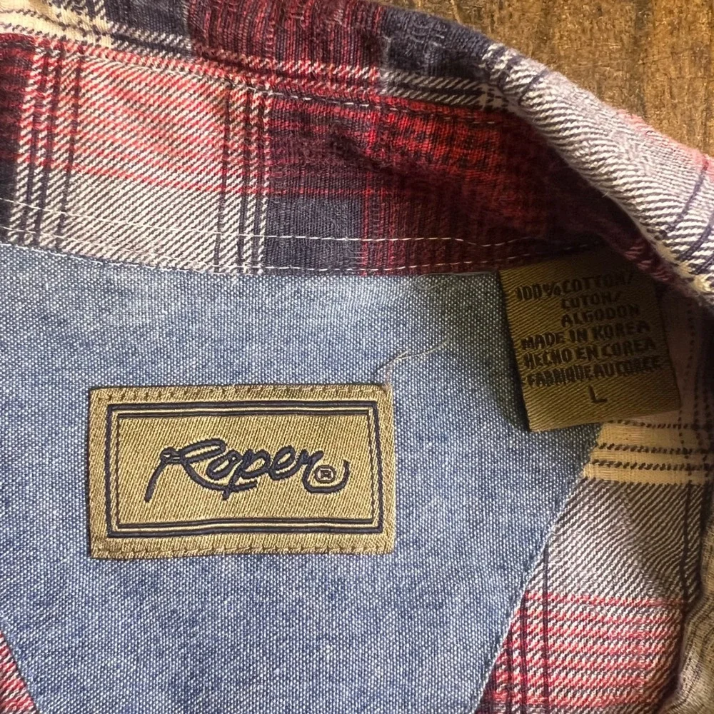 Roper Mens Plaid Western Button Down Shirt Burgundy Navy Steer Head ST3-01 Large
